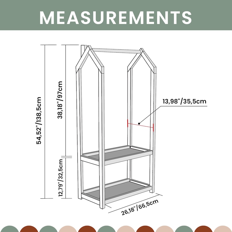 Product dimensions for the space-saving kids wardrobe with bottom storage shelves