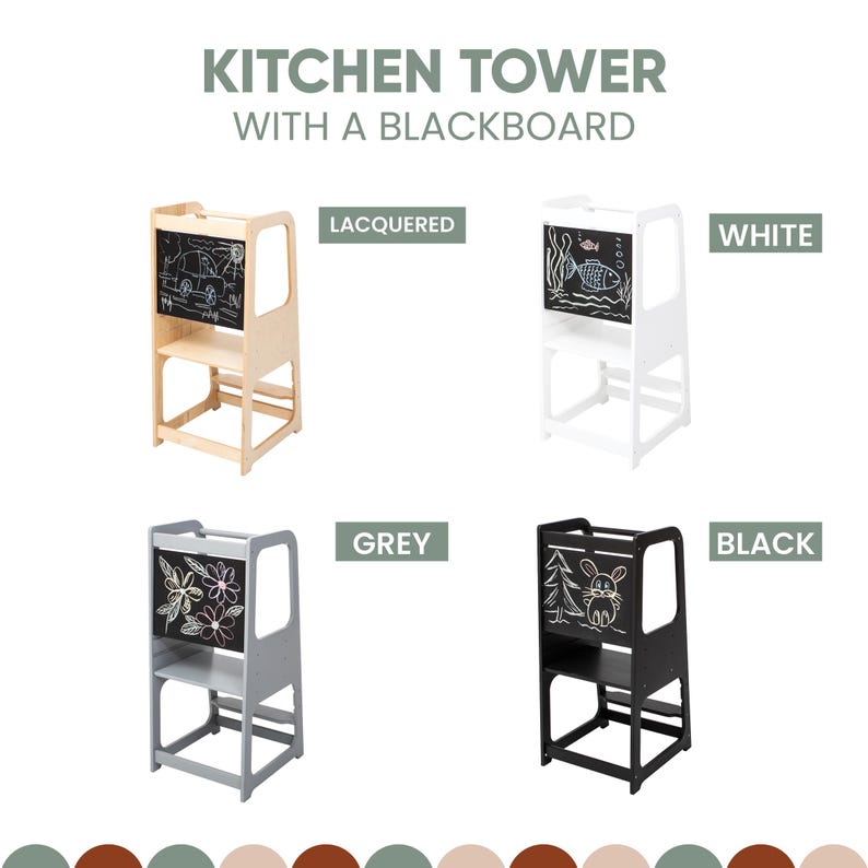Infographic chart displaying 3-level height adjustable child standing stools with a blackboard in lacquered, white, grey, and black.