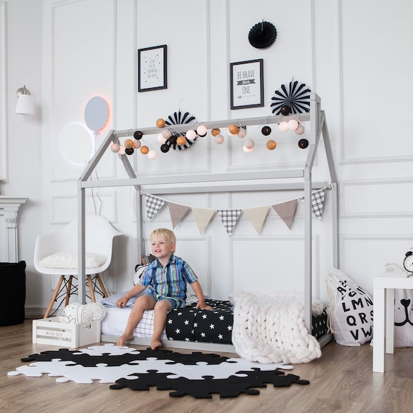 Cama infantil Montessori, cama con forma de casa, regalo de cumpleaños para niños, cama con forma de casa, cama Montessori, cama Montessori con forma de casa, cama infantil a ras de suelo