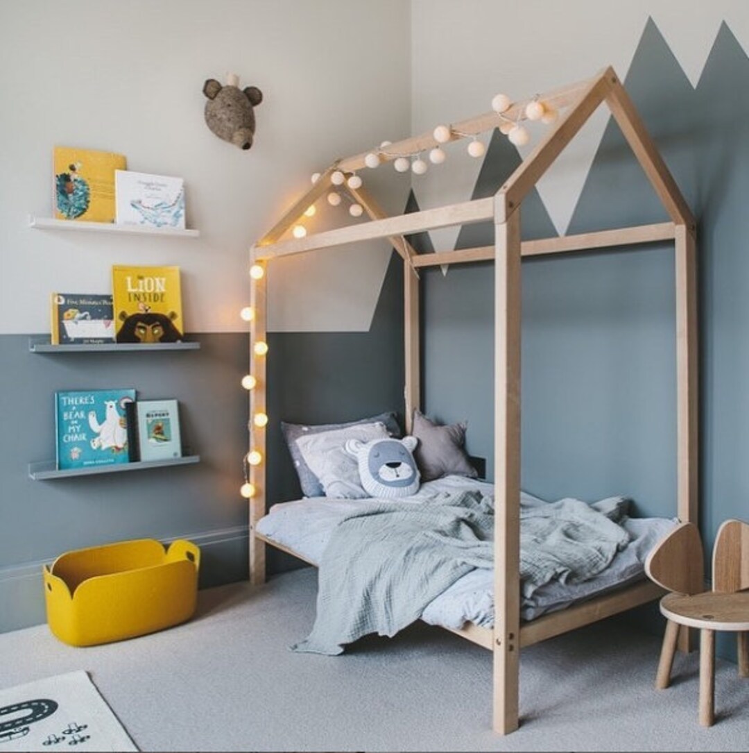Cama Montessori de casa individual para niños, cama Montessori con  barandillas para niños, marco de cama de piso con techo, cama de piso de  madera