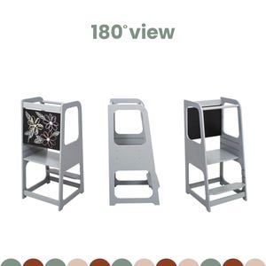 Technical drawing illustrating front, side, and rear chalkboard views of a slate grey 3-level height adjustable step stool.