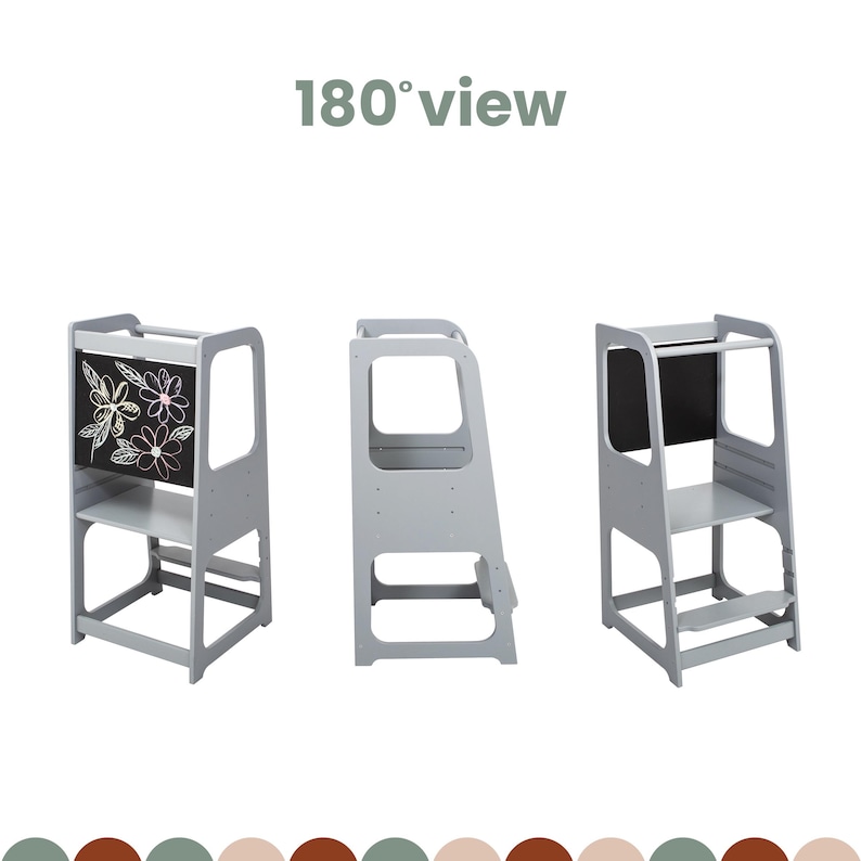 Technical drawing illustrating front, side, and rear chalkboard views of a slate grey 3-level height adjustable step stool.