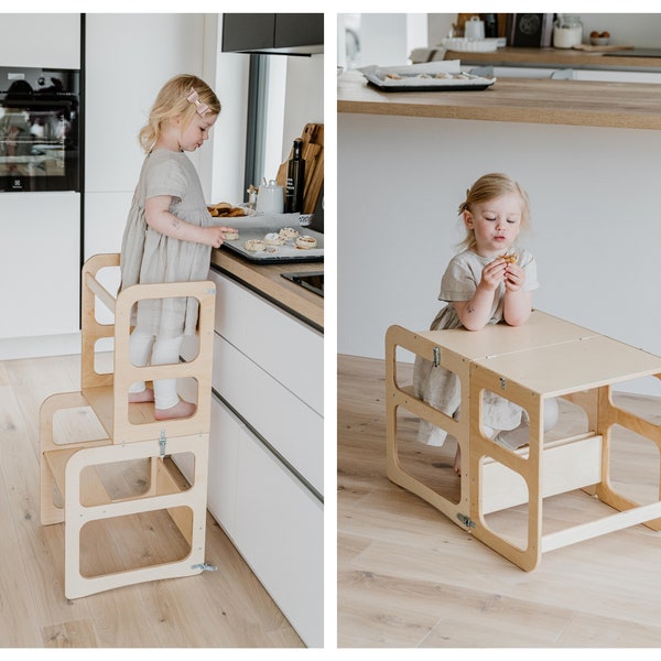 Échelle de cuisine 2-en-1, étagère de cuisine Montessori Tabouret de cuisine Escabeau pour tout-petit Escabeau pour enfant Tour d'activités Table de sevrage