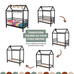 Infographic chart illustrating modular growth transformation stages for the black solid wood house bed frame.