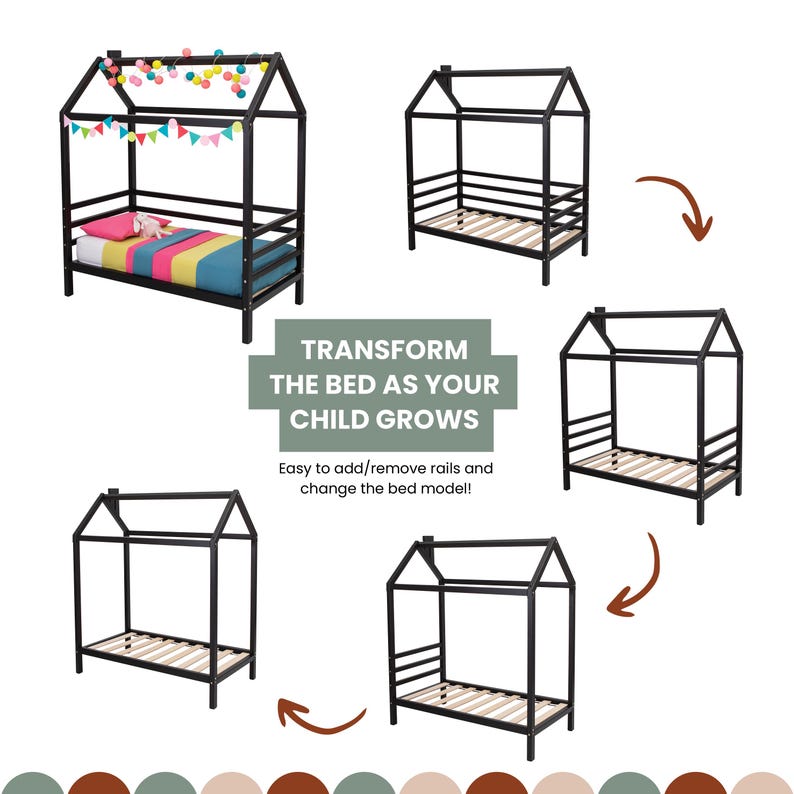 Infographic chart illustrating modular growth transformation stages for the black solid wood house bed frame.