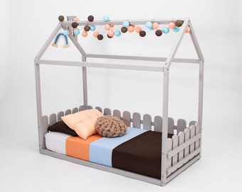 Toddler platform bed Frame bed with fence Kid bed frame oddler bed - Montessori floor bed, Montessori toddler floor bed Twin size bed SLATS