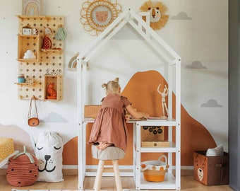Escritorio para niños pequeños Escritorio para niños con almacenamiento Mesa escolar para niños Mesa de regreso a clases, Mesa de escuela primaria Mesa preescolar, Mesa con forma de casa