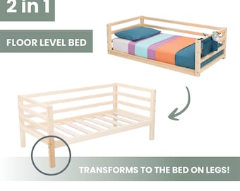 Montessori-Bodenbett mit bodengleichem Bettrahmen, Kinderbett (Einzelbett, Doppelbett, Queensize-Bett), verstellbares Bettgestell
