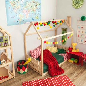 Montessori toddler floor bed with rails  Children's house bed frame, Montessori bed, Toddler house bed Montessori house bed for kids, SLATS