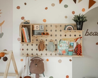 Opbergrek met gaatjes, speelgoedrek met gaatjeswand, wanddisplay, garage-organizer, kantoordecoratie, houten displayrek met gaatjeswand, houten plank met gaatjeswand