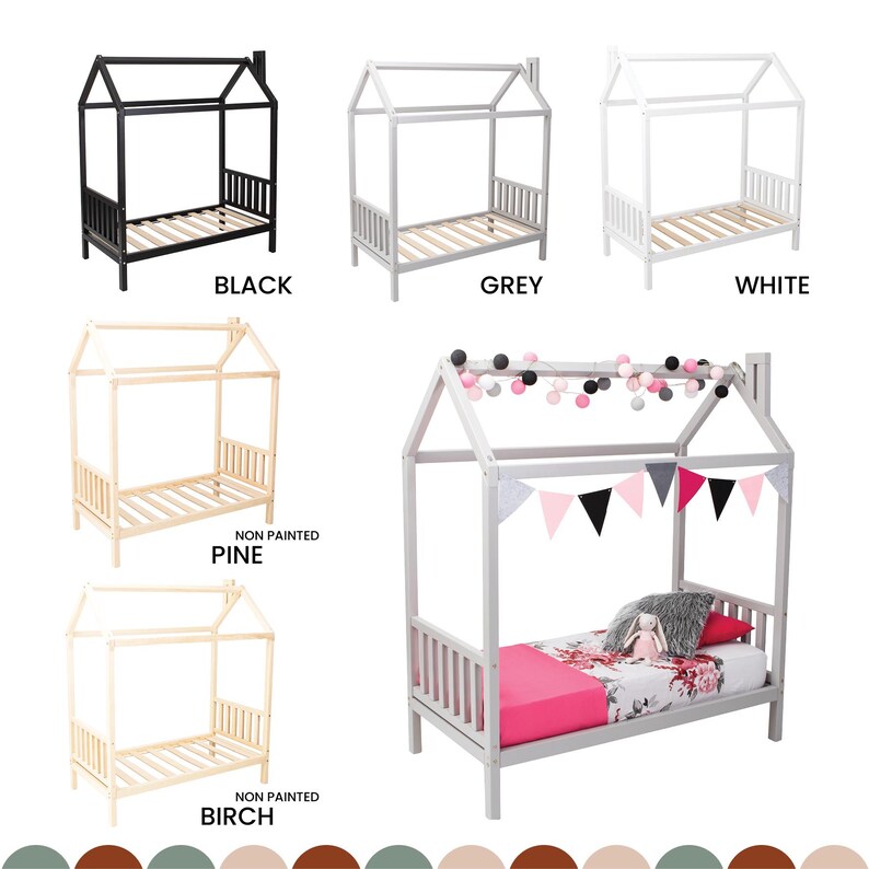 Product variation diagram showing black, white, grey, and natural solid wood house bed frames.