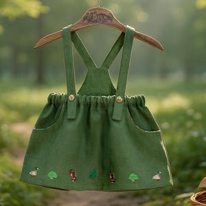 Linen Overall Dress: Embroidered Woodland Animal Outfit, Forest Theme