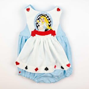 Alice in Wonderland Baby Girl Dress – Toddler Birthday Outfit, Smash Cake Costume, Blue First Birthday Dress Summer Pinafore Alice Romper