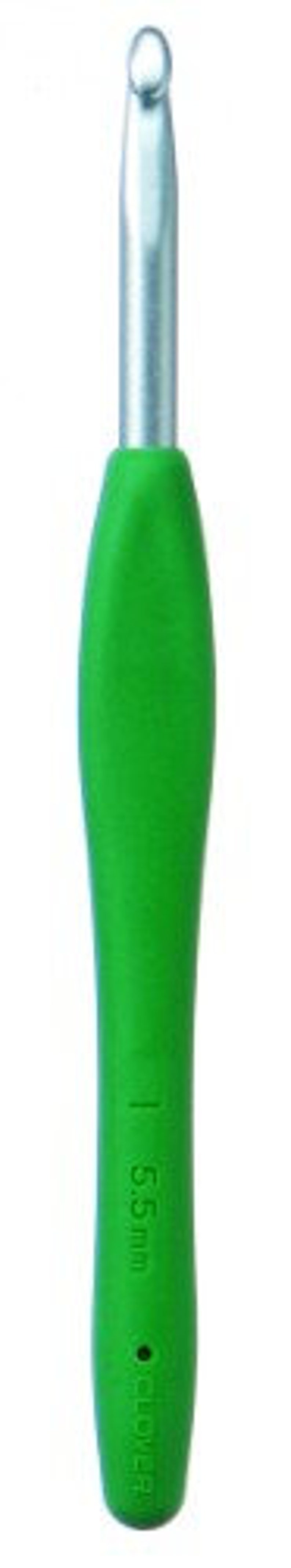 May include: Green crochet hook with a silver metal hook. The hook is 5.5 mm.