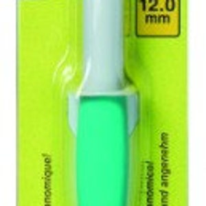 May include: A green and white Clover Amour crochet hook with a 12.0 mm size label. The hook has an ergonomic handle and is packaged in a green and white plastic sleeve.