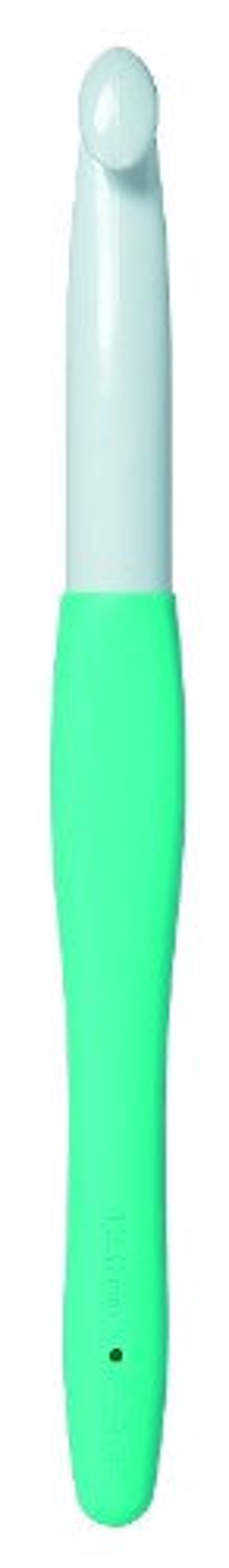 May include: A green and white plastic crochet hook.