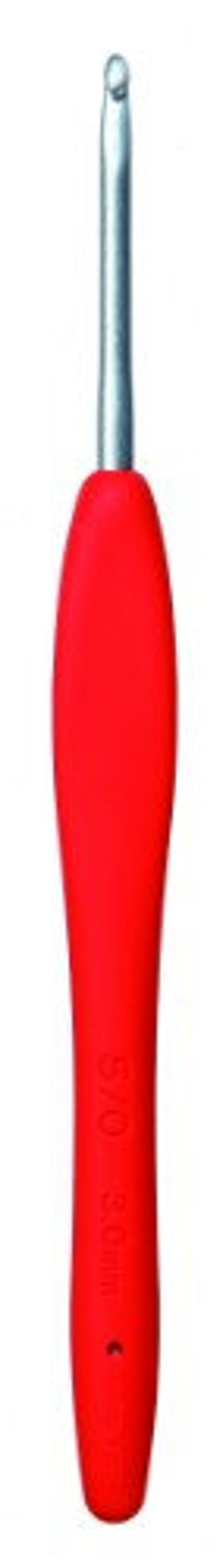 May include: A red crochet hook with a silver metal hook. The hook is approximately 15 cm long.