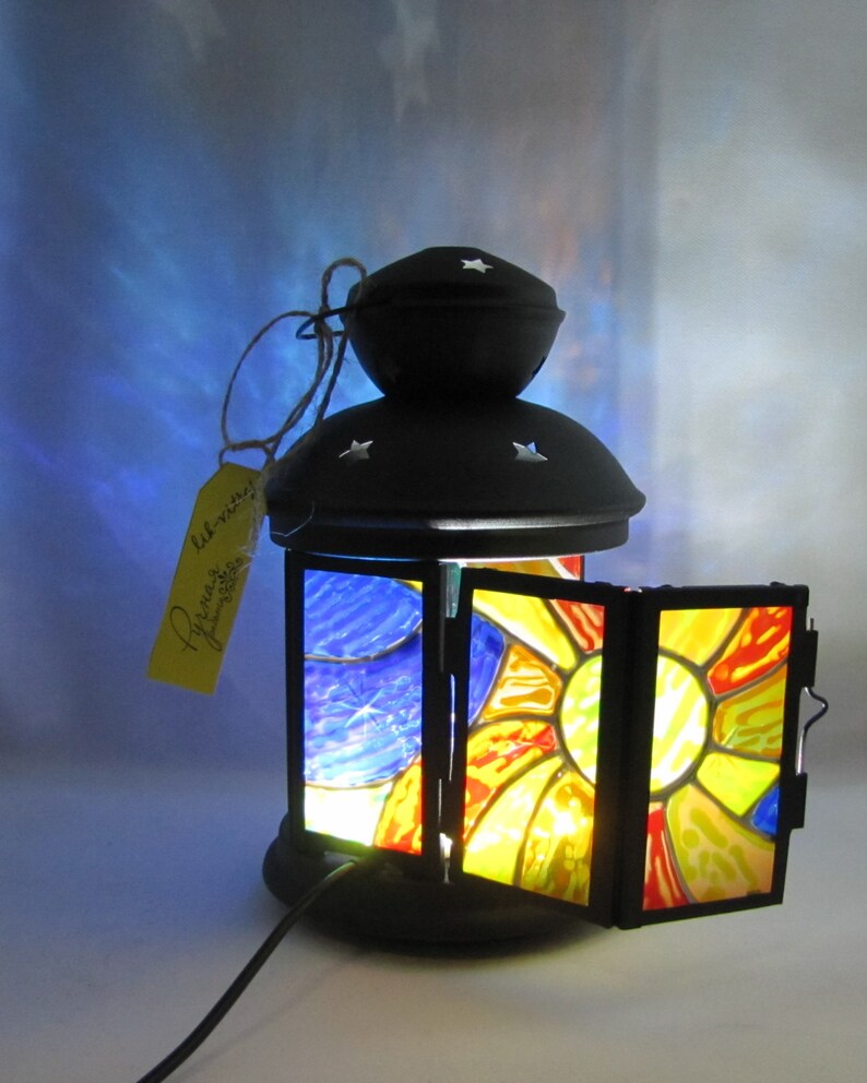 Lamp lantern stained glass painted by hand with LED backlight Etsy