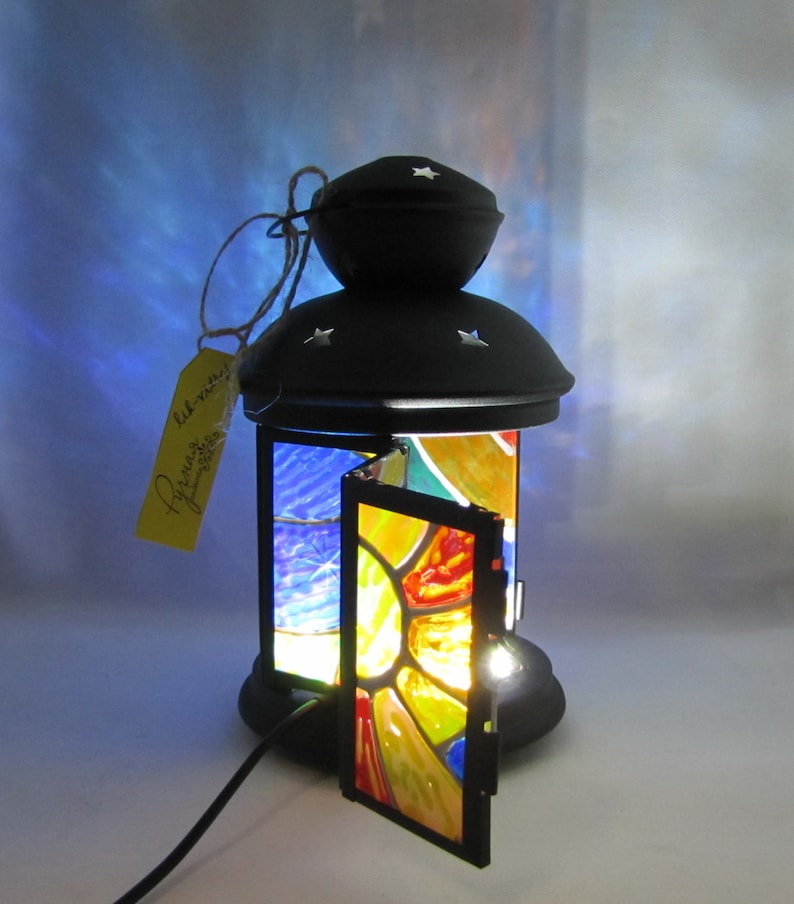 Lamp lantern stained glass painted by hand with LED backlight Etsy