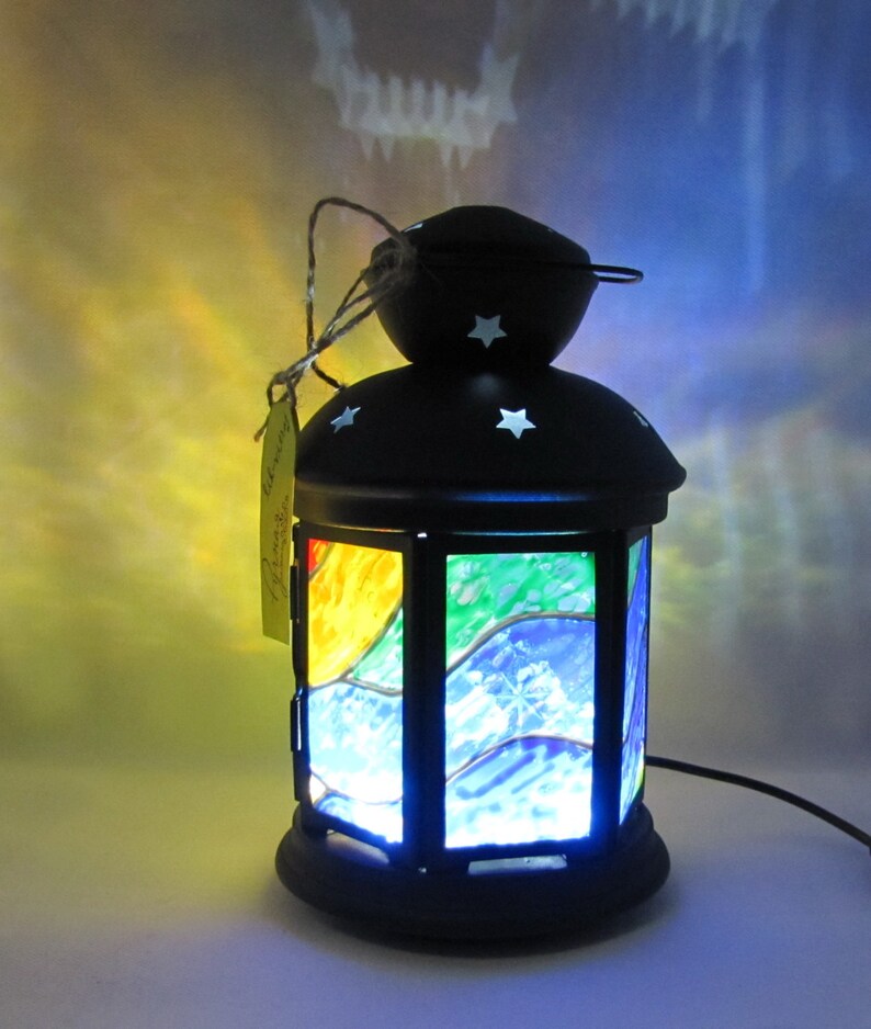 Lamp lantern stained glass painted by hand with LED backlight Etsy