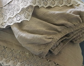 Lace linen SHEET SET from washed natural flax beige linen - linen flat sheet, fitted sheet, 2 pillowcases - lace trimmed linen bedding