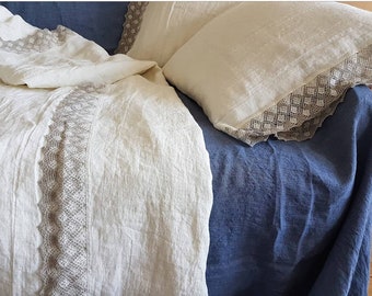 Lace linen DUVET COVER in off-white - washed linen quilt cover, linen doona cover with lace - wedding bedding - custom linen bedding