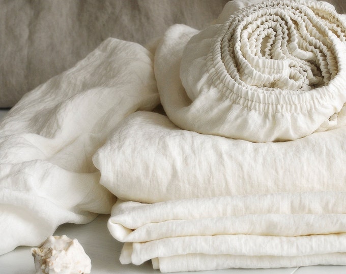 Featured listing image: Linen FITTED SHEETS in off-white - deep pocket sheets from softened heavier linen - Twin Full Queen King Cal King linen bedding