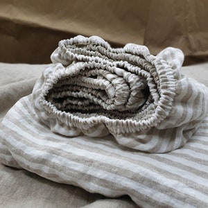 Natural striped linen FITTED SHEETS - deep pocket fitted sheets from soft heavier linen - Twin Full Queen King Cal King custom sheets