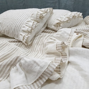 Linen DUVET SET with ruffles at the bottom, natural linen bedding set in striped and off-white softened linen - Queen King ruffled bedding