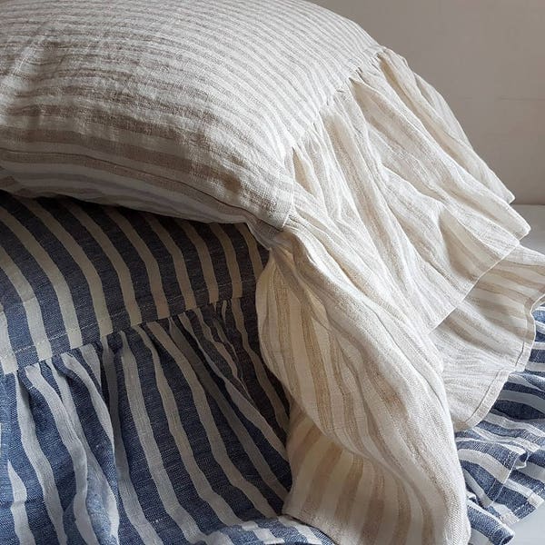 Striped linen pillowcase with ruffles - natural pillow cover - long ruffles pillow sham -  washed linen pillow slip - Queen King pillowcase