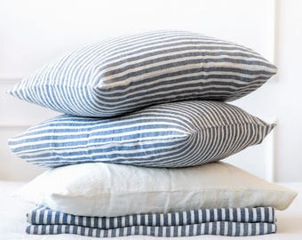 Linen pillowcase - housewife pillowcase, blue striped washed linen - standard, euro, Queen, King, body pillow case, linen bedding