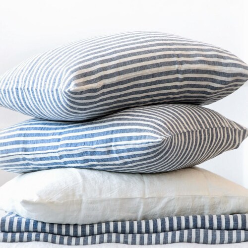 Linen Pillowcase Housewife Pillowcase Blue Striped Washed Etsy