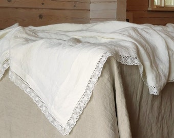 Shabby Chic TOP SHEET in Off-white Linen - Lace Trimmed Flat Sheets - Twin Full Queen California King Luxury Bed Sheets