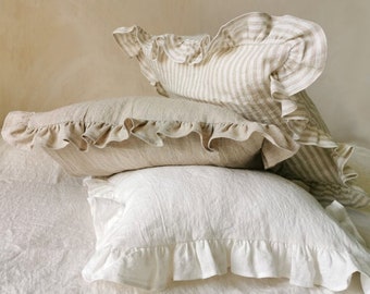 Linen PILLOW CASE with small ruffles - washed natural linen pillow cover, farmhouse chic pillow sham - romantic gift for cozy home lovers