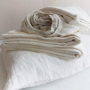 Linen SHEET SET in off-white - softened pure linen flat sheet, fitted sheet, 2 pillowcases - Twin Full Queen Cal King white linen bedding
