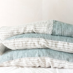 Lace linen DUVET SET in bluish green melange and natural striped linen - duvet cover, pillowcases - Twin Full Queen Cal King bedding
