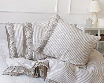 Lace ruffles linen pillowcase - ruffle linen pillow sham - washed linen pillow cover - natural pillow slip - Standard Queen King linen shams
