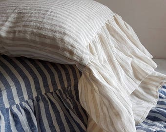 Striped linen pillowcase with ruffles - natural pillow cover - long ruffles pillow sham -  washed linen pillow slip - Queen King pillowcase