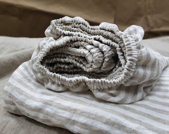 Natural striped linen FITTED SHEETS - deep pocket fitted sheets from soft heavier linen - Twin Full Queen King Cal King custom sheets
