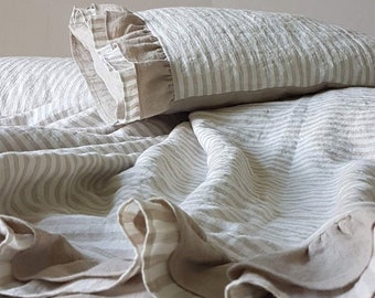 Linen DUVET SET with double ruffles at the bottom, natural linen bedding set - Queen King ruffled bedding
