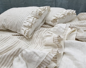 Linen DUVET SET with ruffles at the bottom, natural linen bedding set in striped and off-white softened linen - Queen King ruffled bedding