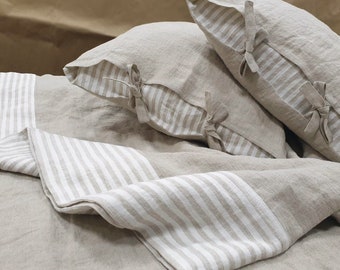Linen SHEET SET with striped hem - natural softened linen bedding - Twin Queen Cal King sheets and pillowcases