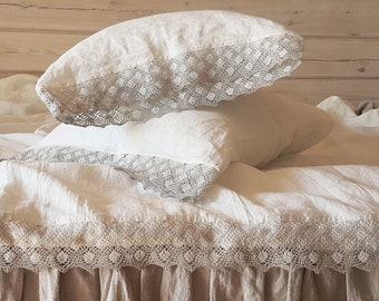Lace trimmed SHEET SET from soft off-white linen - linen top sheet, fitted sheet, 2 pillowcases - lace linen wedding bedding