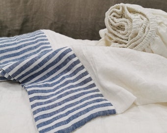 Linen TOP SHEETS in off-white with blue striped hem - pure linen flat sheets - Queen, King, California King softened bed sheets