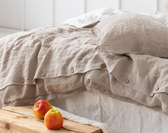 Lace Trim DUVET COVER. Two Sided Natural Flax, Off White Soft Pure Bed Linen. Custom, Oversized Farmhouse Chic Reversible Comforter Cover