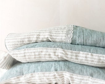 Lace linen DUVET SET in bluish green melange and natural striped linen - duvet cover, pillowcases - Twin Full Queen Cal King bedding