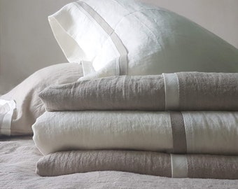 Linen TOP SHEETS in pure medium heavy linen with linen trim - softened pure linen flat sheets - Queen, King, California King linen bedding