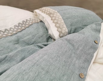 Lace linen DUVET COVER in melange bluish green and off-white linen, softened linen doona cover - Twin Queen Cal King farmhouse linen bedding