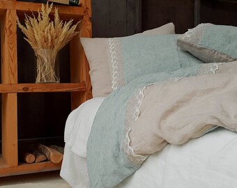 Lace linen DUVET COVER in color block - softened linen doona cover - Twin Queen Cal King linen bedding
