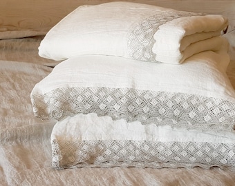 Lace linen BEDDING SET off-white - stonewashed medium heavy linen duvet cover and pillowcases with linen lace - Twin Queen King linen sets